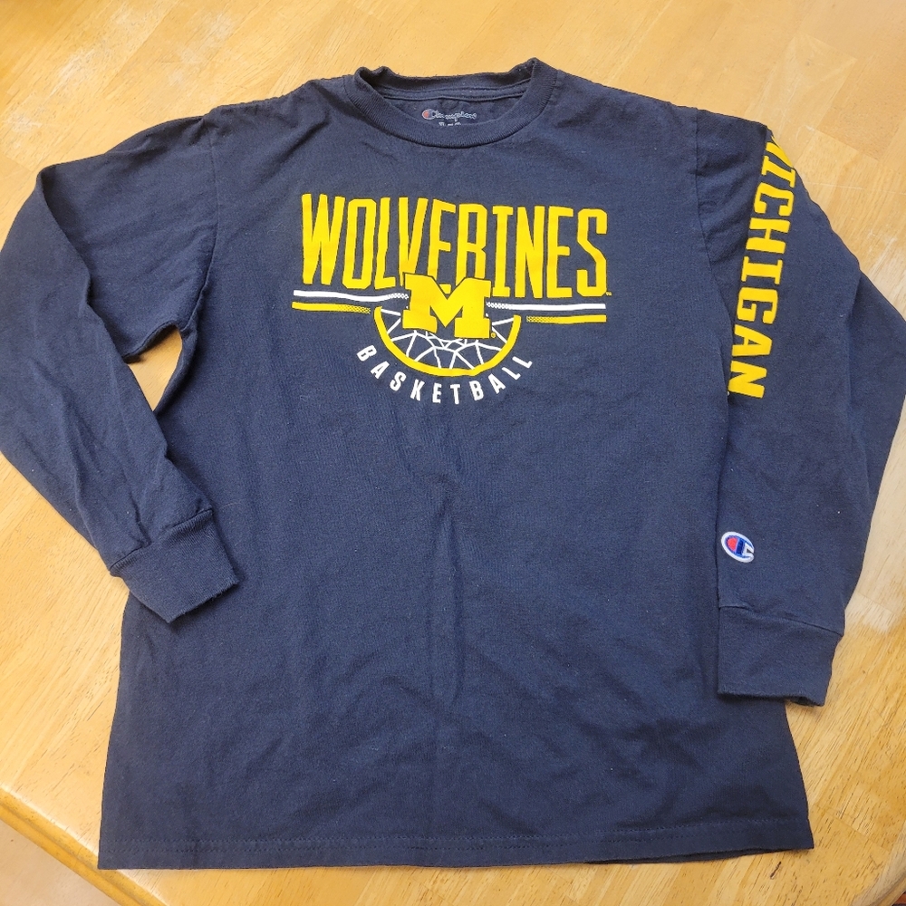 Michigan Wolverines Basketball Youth Long Sleeve Shirt Navy Yellow Medium 7-8